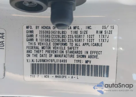 2015 Honda Cr-V Ex-L from USA, damaged, VIN 5J6RM3H76FL018499